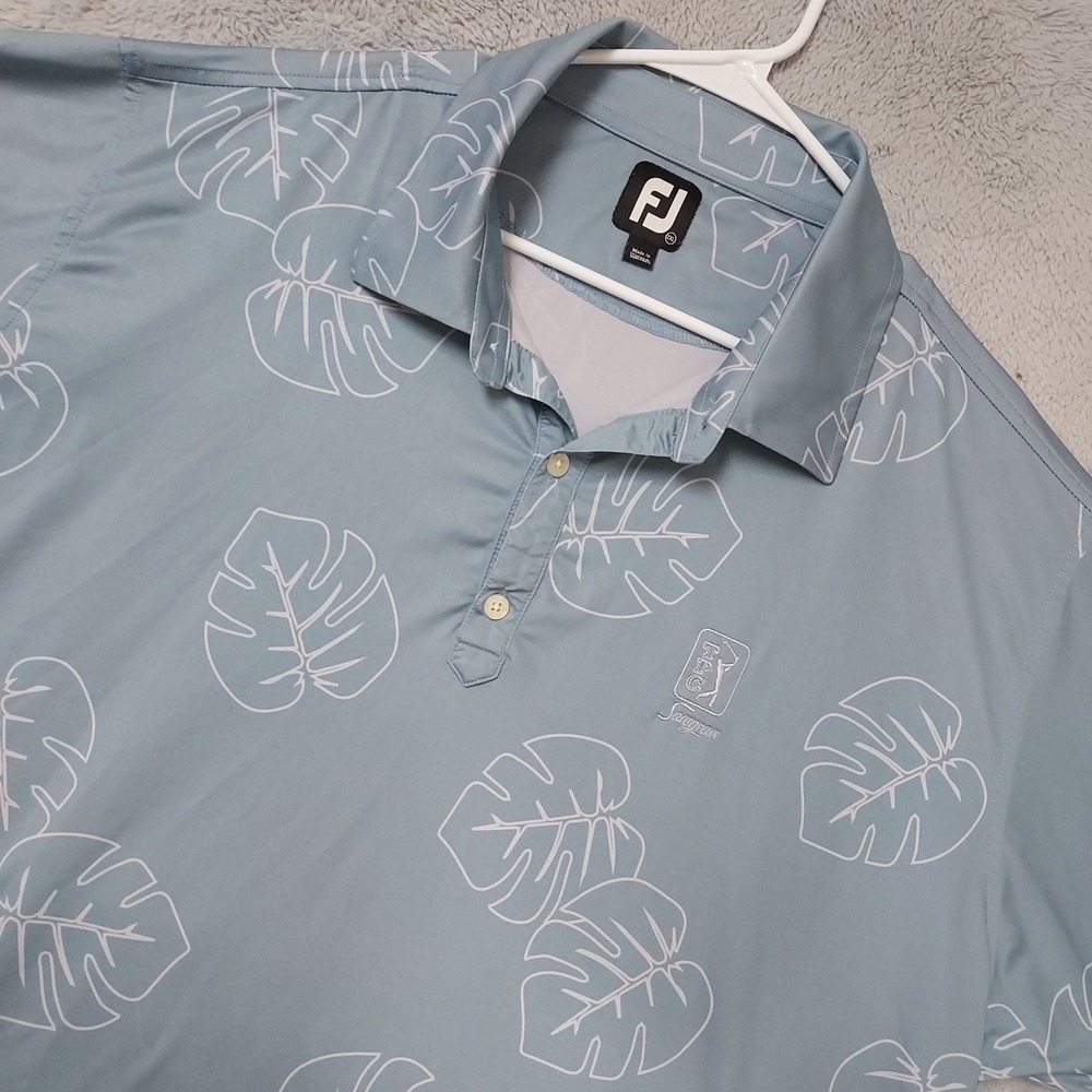 FootJoy Polo Shirt Men 2XL TPC Sawgrass Tropical Monstera Leaf Print Blue Jersey